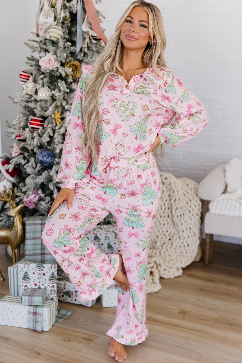 Pink Christmas Print Pajama Set