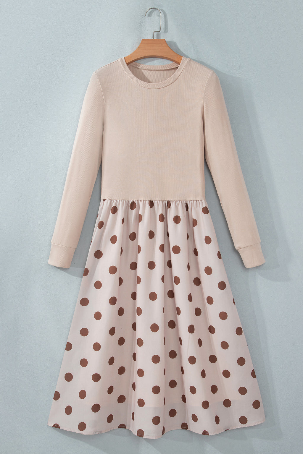 Women's Beige Polka-Dot Ribbed Midi Dress