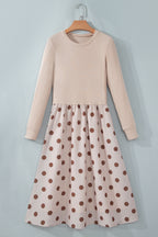 Women's Beige Polka-Dot Ribbed Midi Dress
