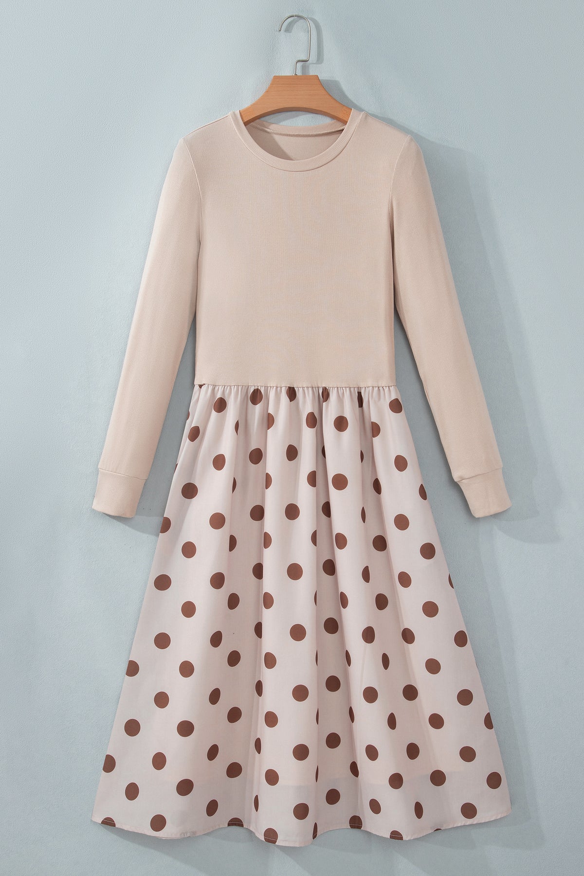 Women's Beige Polka-Dot Ribbed Midi Dress