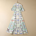 Women's sequin short-sleeve midi dress, illustrated back view with belted waist belt.