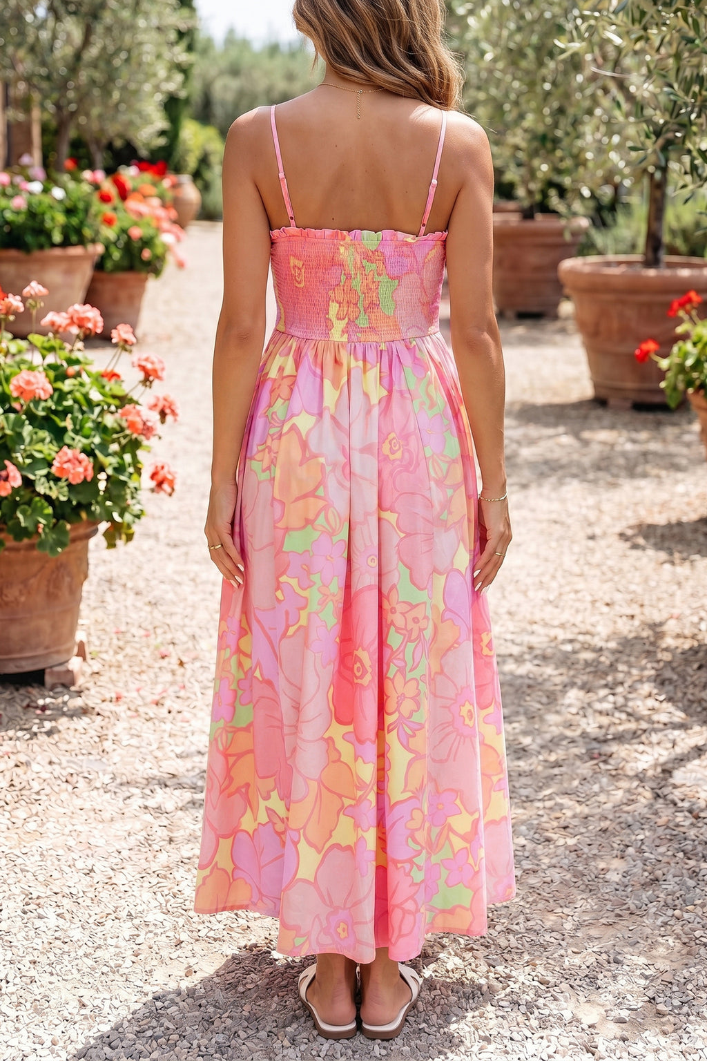 Pink Floral Shirred-Waist Spaghetti-Strap Dress