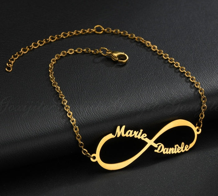 Personalized infinity double-name date bracelet