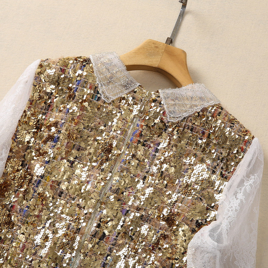 Gold sequin bodice with sheer lace neckline and button placket detail