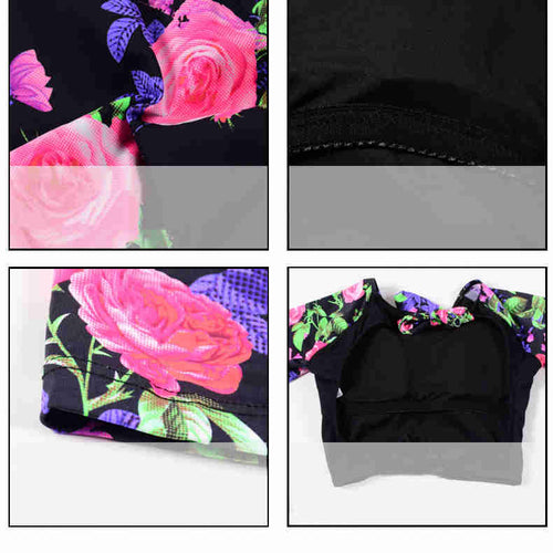 Floral print swimsuit fabric swatches with black panel and stitched trim, close-up view.