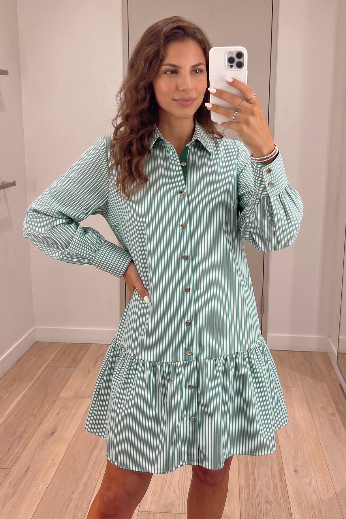 Green Stripe Long-Sleeve Shift Dress