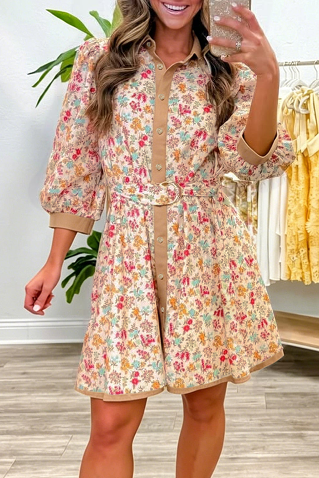 Orange Floral Color-Block Belted Mini Dress