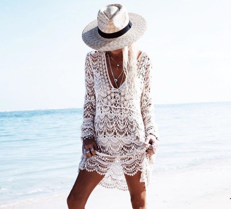 White crochet bikini cover-up tunic with belt tie, long sleeves, layered fringed hem