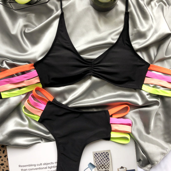 Women's black multicolor strap bikini set