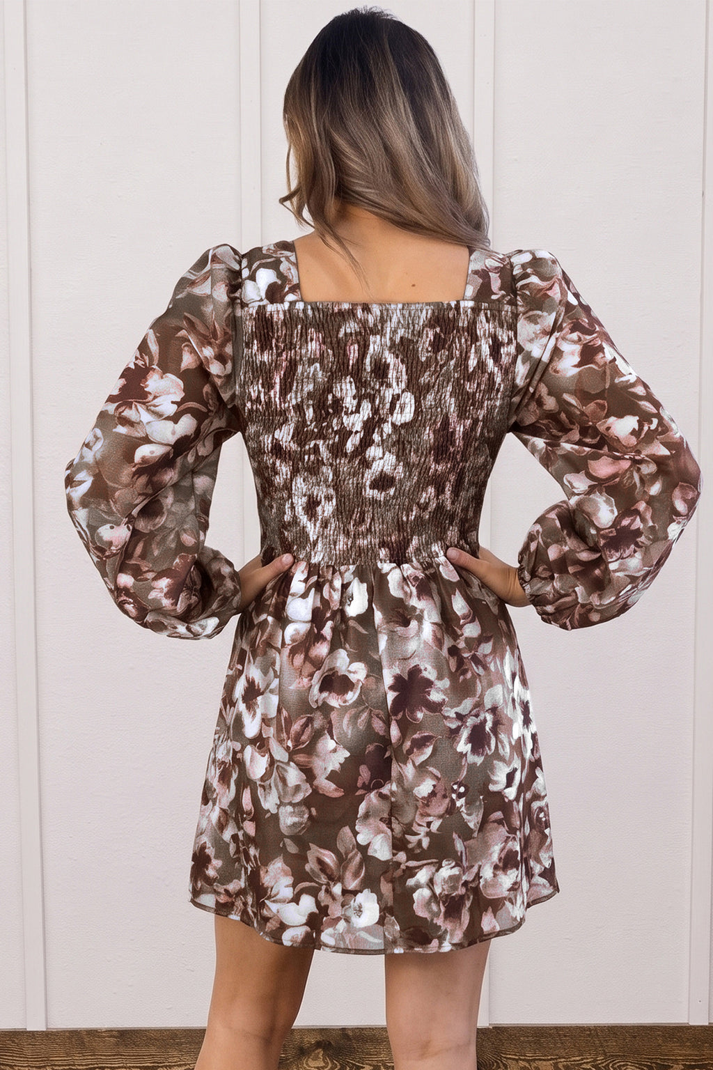 Women's Brown Abstract Floral Square-Neck Mini Dress