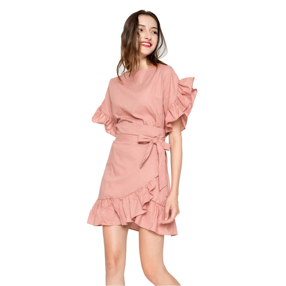 Women's Belted Ruffle Cotton-Linen Dress