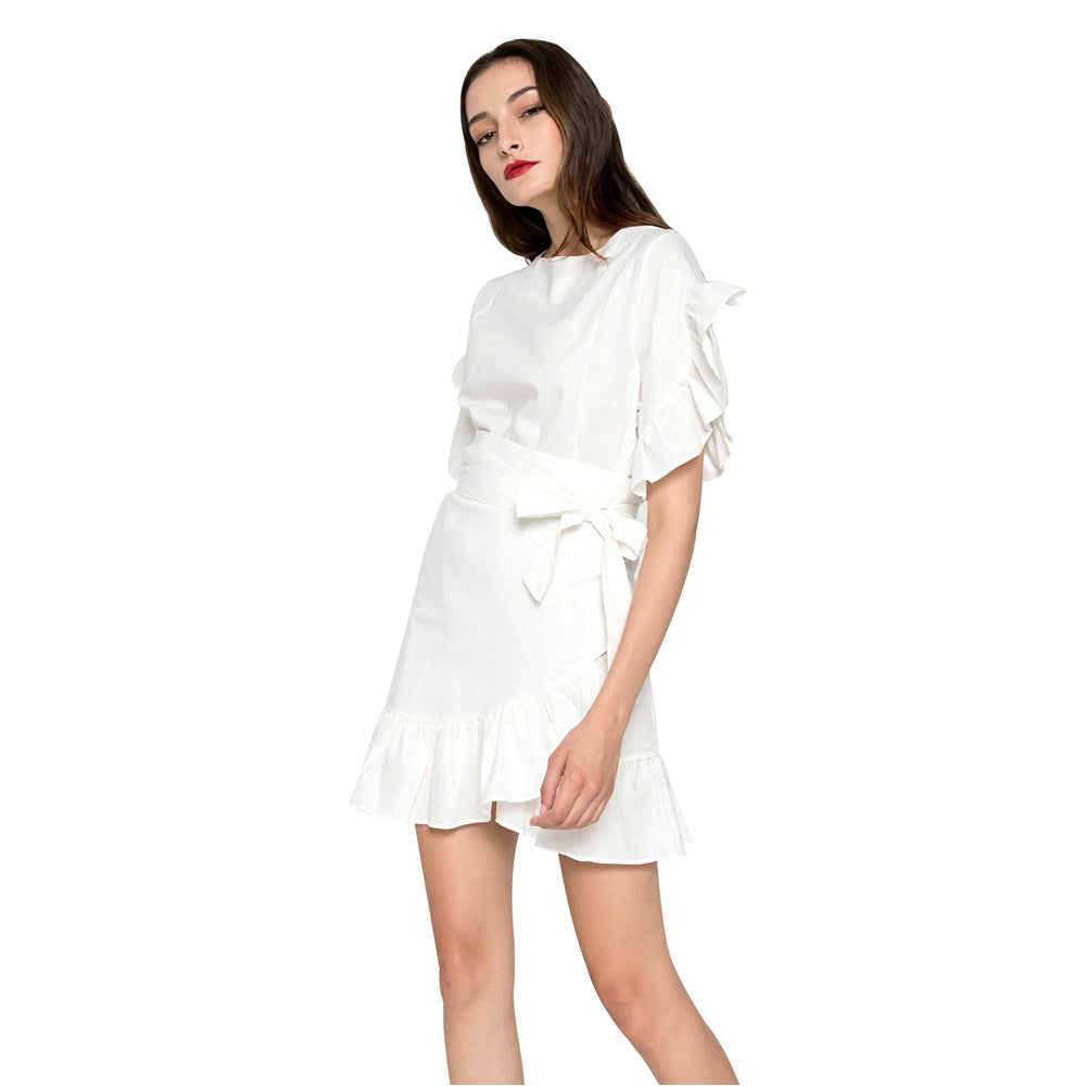 Women's Belted Ruffle Cotton-Linen Dress