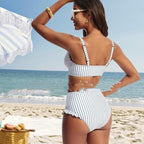 Women's black white stripe high-waist bikini set