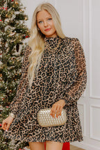 Brown Leopard-Print Long-Sleeve Shift Dress