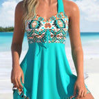 Women's Aqua Geometric-Trim Halter Tankini Set