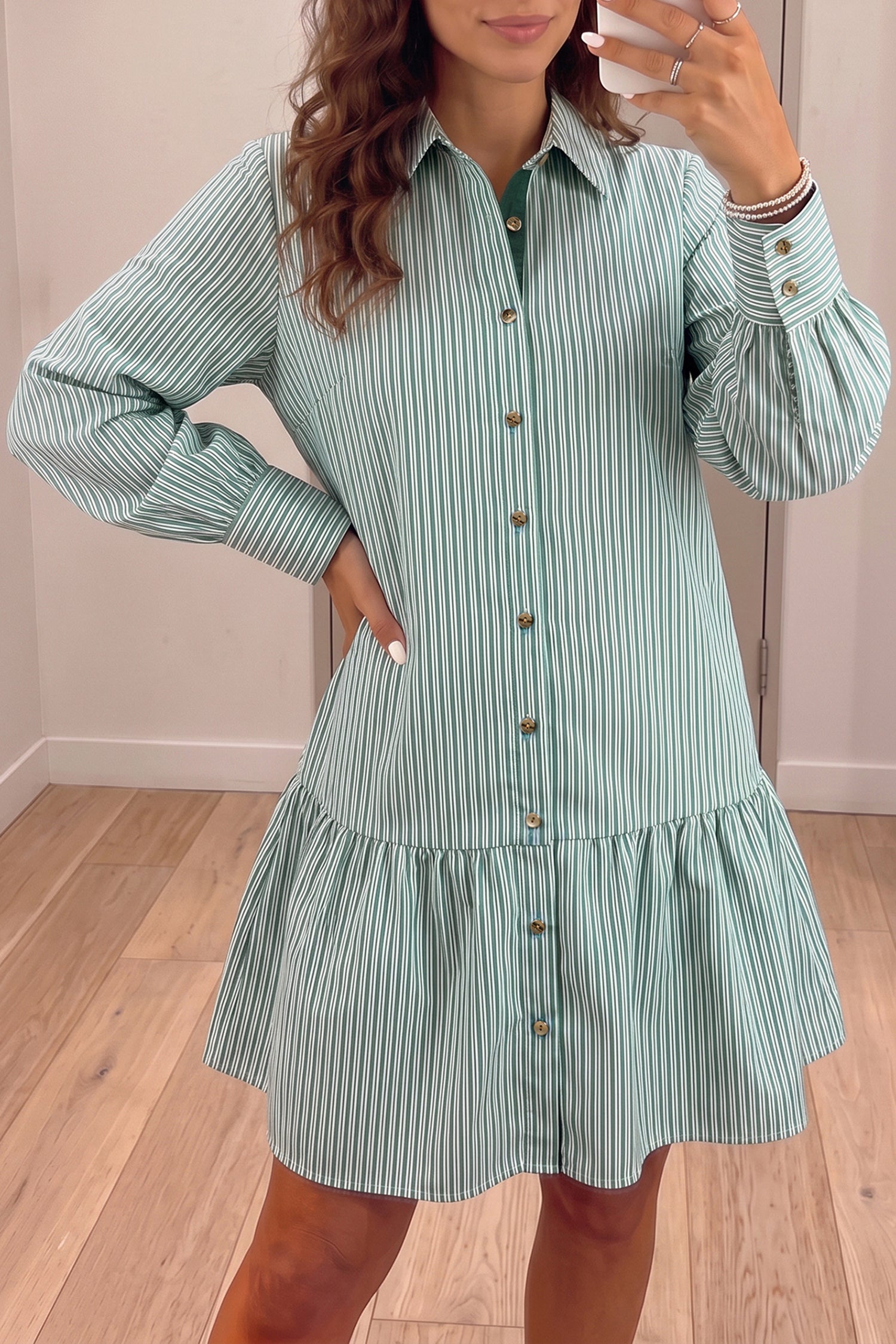 Green Stripe Long-Sleeve Shift Dress