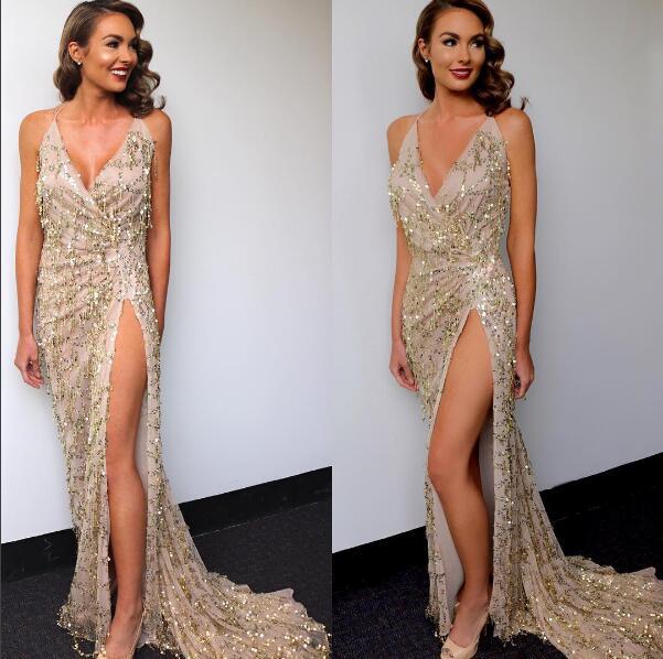 Gold Sequin V-Neck Split Maxi Dress