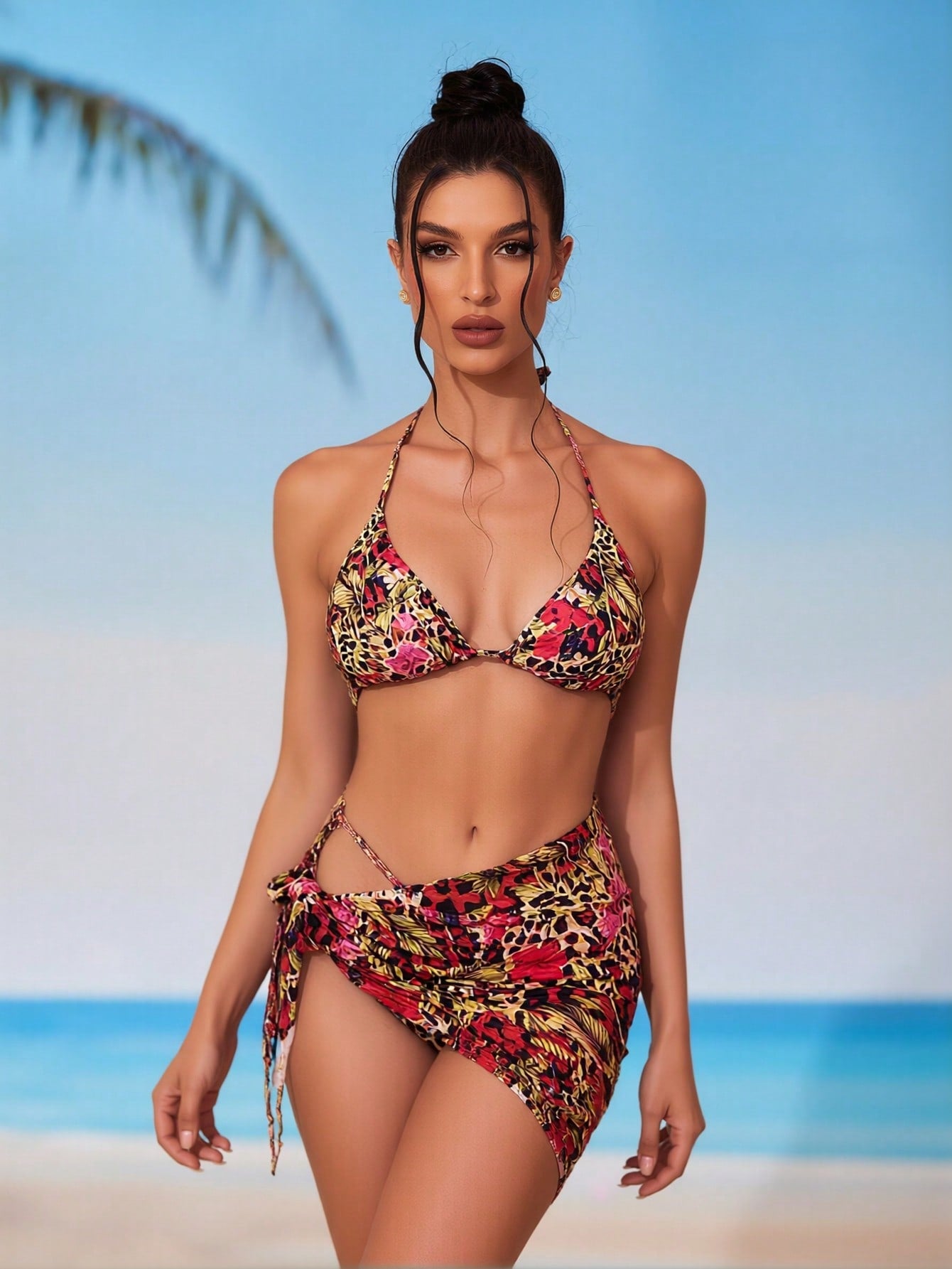Multicolor leopard floral bikini set: triangle top and ruched tie-side high-cut bottoms