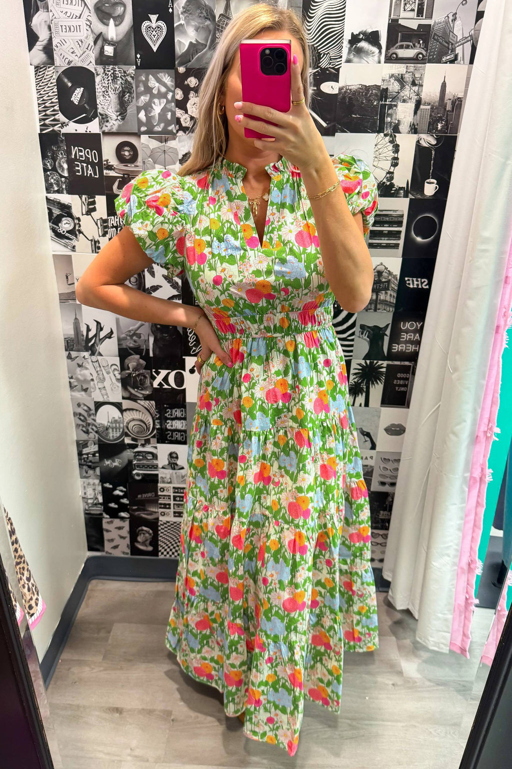 Green Floral Puff-Sleeve Cotton Maxi Dress