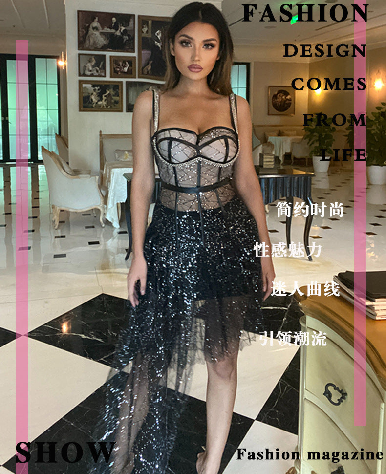Black halter sequin dress on model with mesh corset detail and tulle skirt