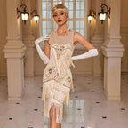 Women's sequin cocktail dress, sleeveless fringe with apricot-gold beaded detailing