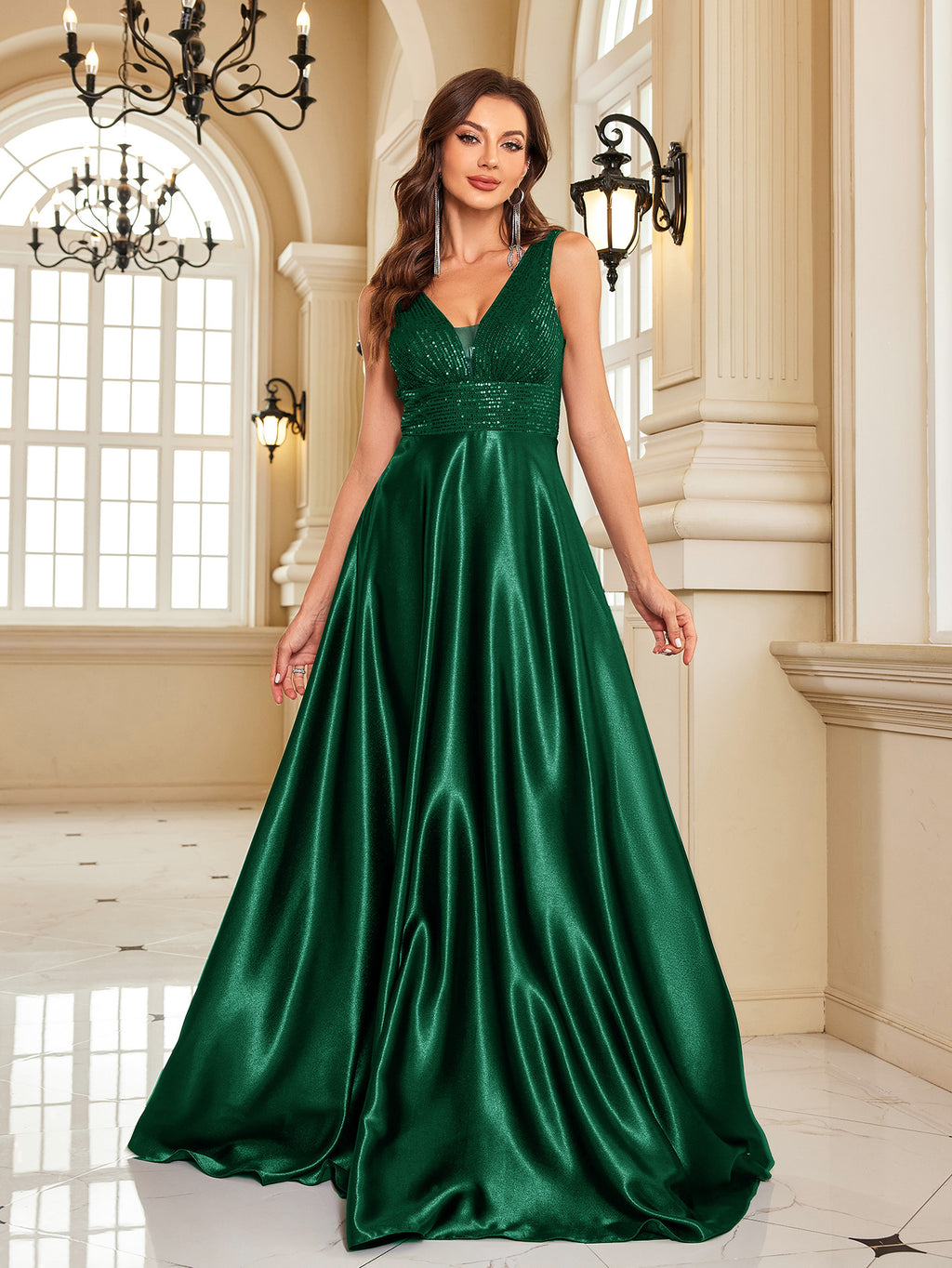 Women’s backless sequin dress, dark green V-neck sleeveless gown with glittery bodice
