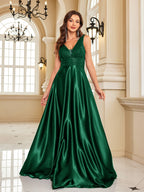 Women’s backless sequin dress, dark green V-neck sleeveless gown with glittery bodice