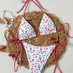 Women's white cherry print triangle bikini set