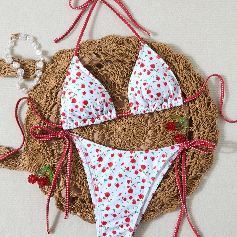 Women's white cherry print triangle bikini set