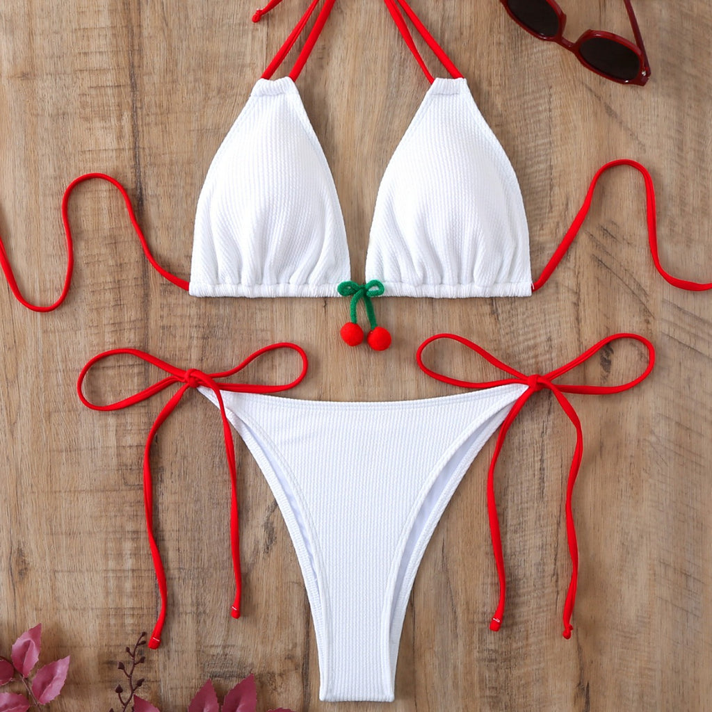 Women's white cherry triangle bikini set