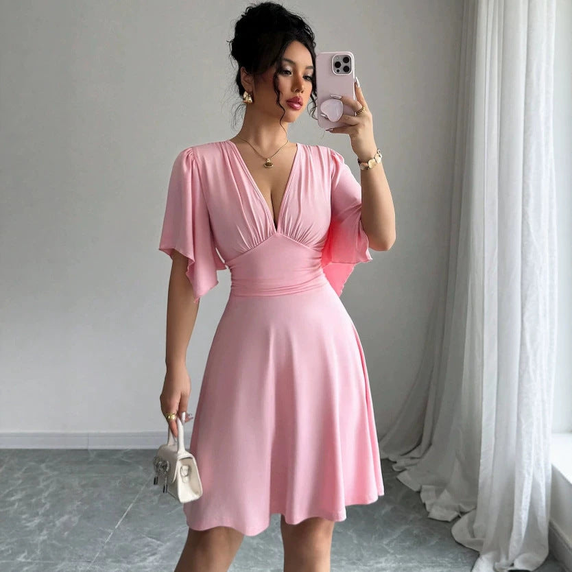 Solid short-sleeve A-line casual dress