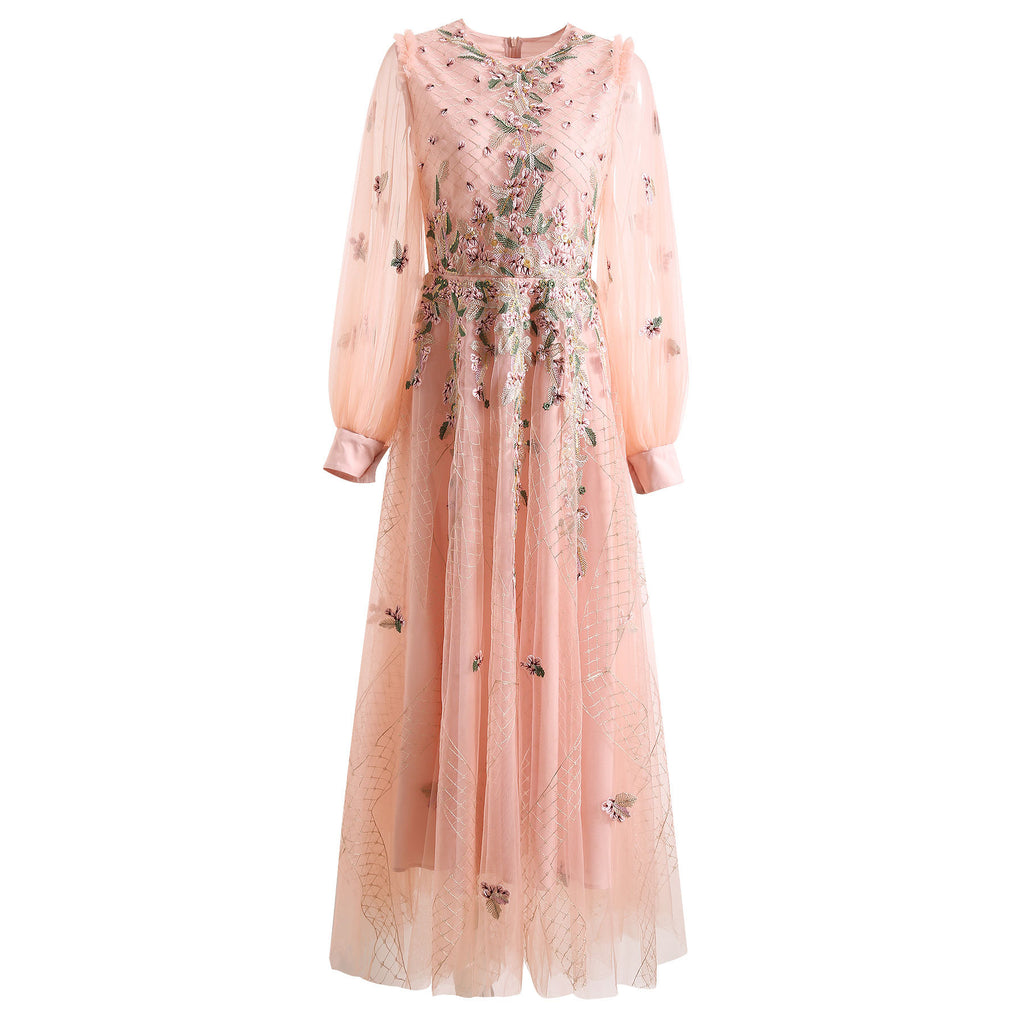 Pink sequin long sleeve dress with crew neck, sheer sleeves, and tulle skirt