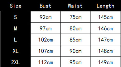 Size chart showing bust, waist, and length measurements for S to 2XL