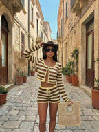 Brown and cream striped knit cardigan with matching drawstring shorts set