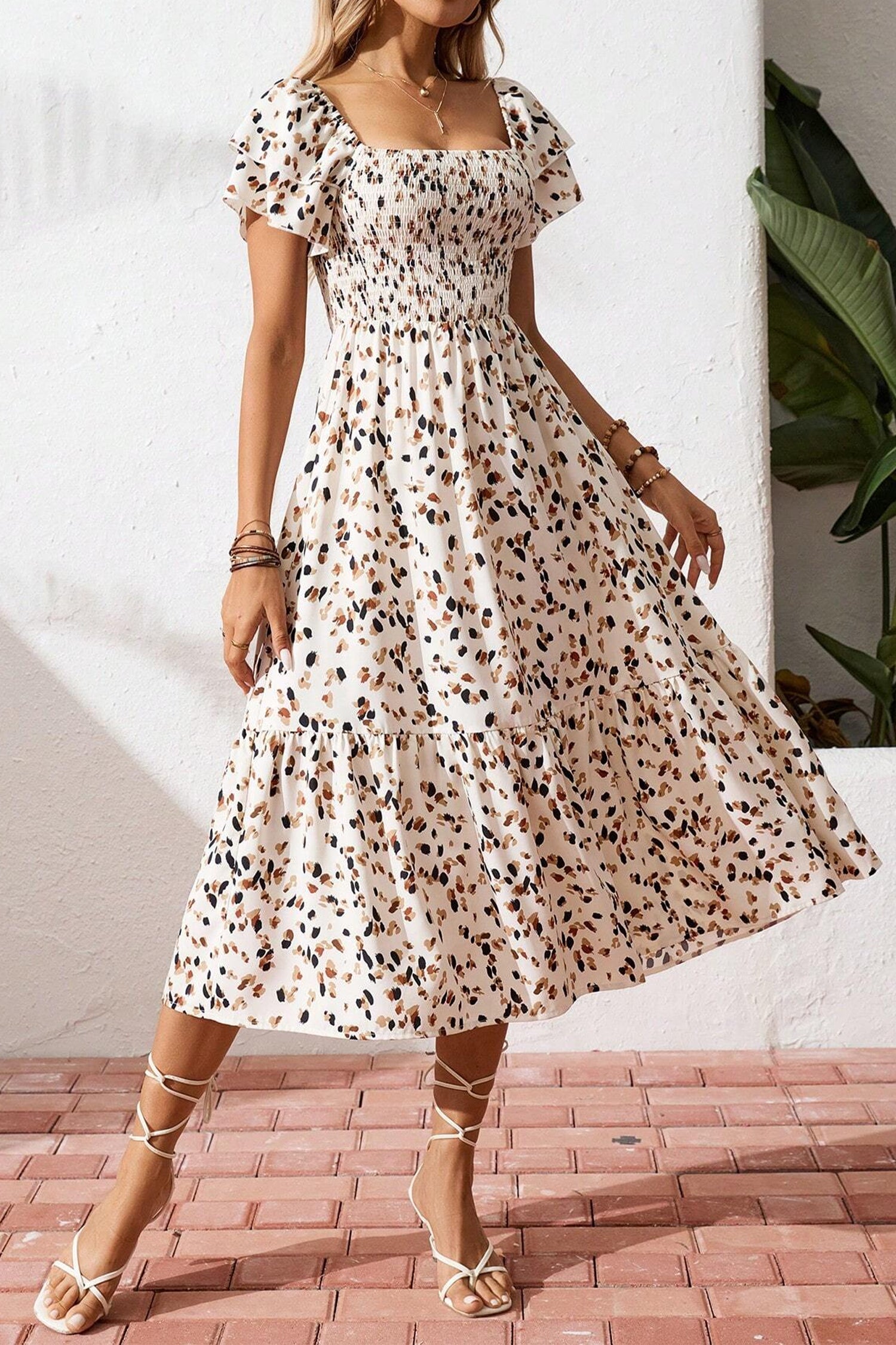 Beige Ditsy Floral Smocked Ruffle Dress