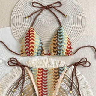 Women's multicolor stripe crochet triangle bikini set