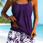Women's purple floral tankini set with shorts