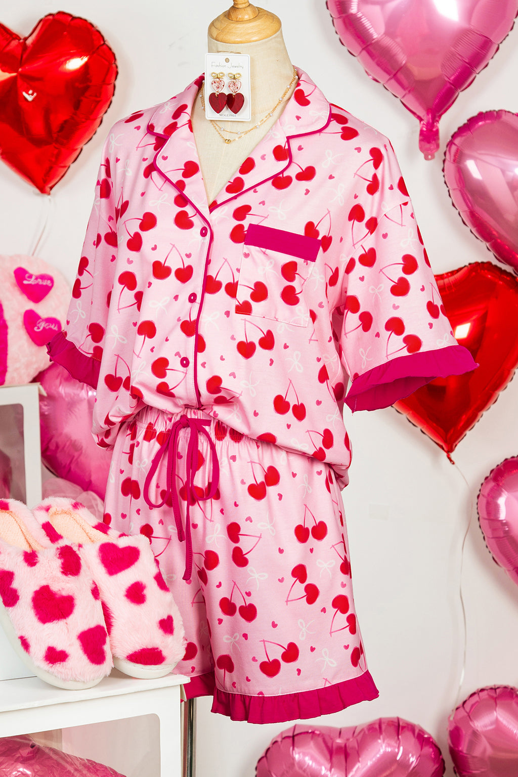 Rose Cherry Bow Short Pajama Set