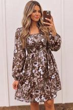 Women's Brown Abstract Floral Square-Neck Mini Dress