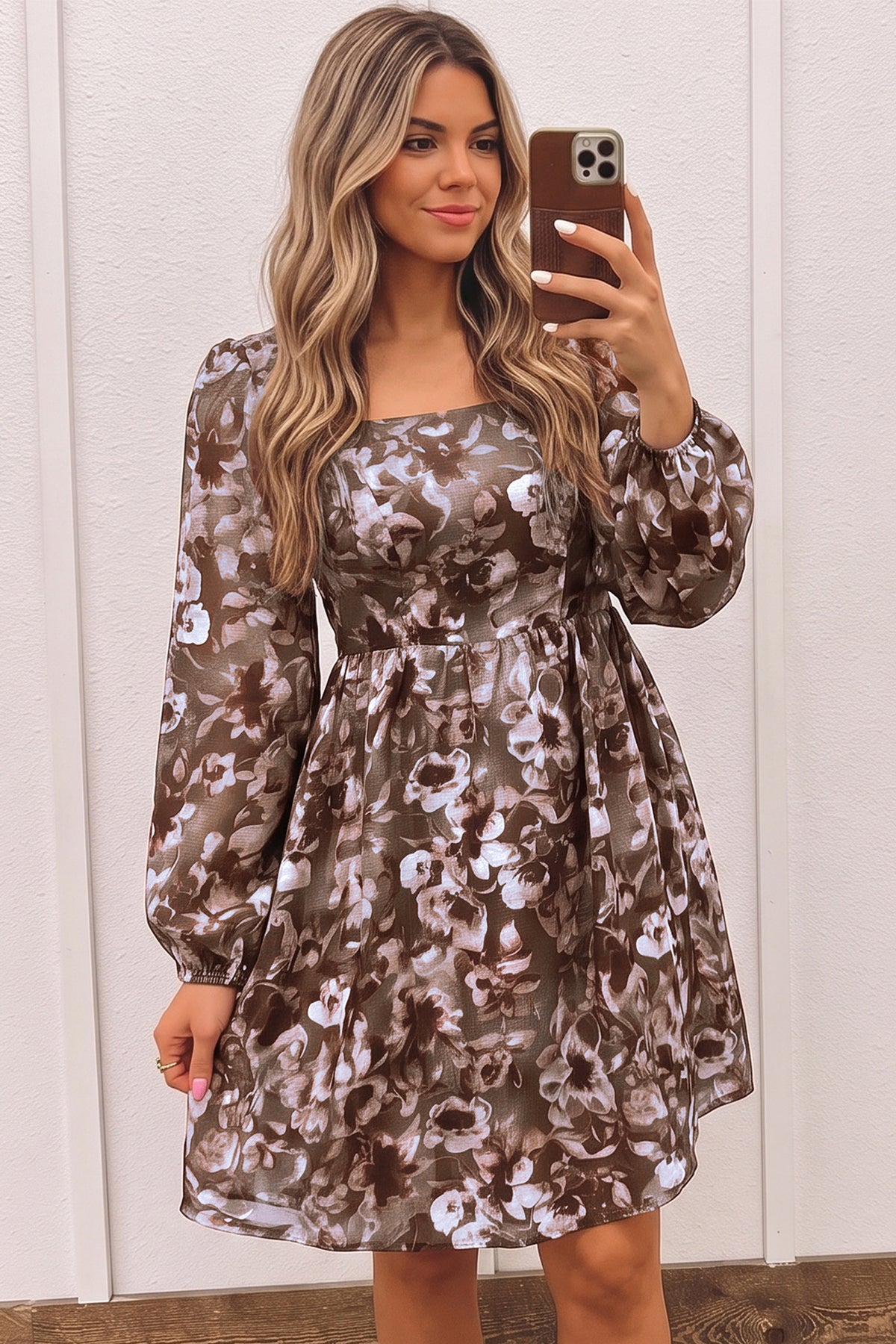 Women's Brown Abstract Floral Square-Neck Mini Dress
