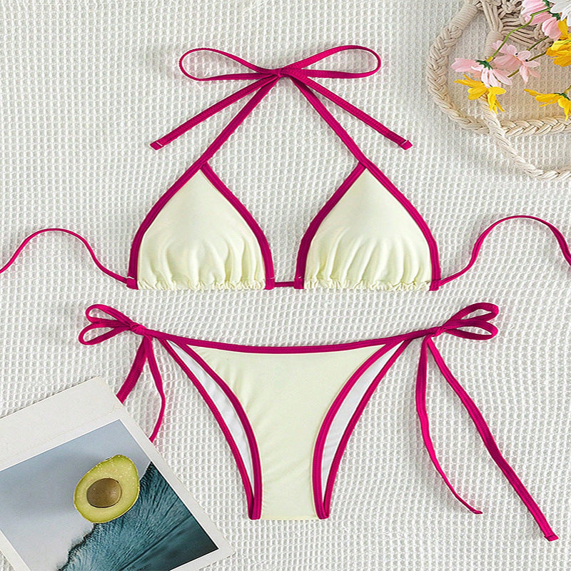 Women's ivory hot pink trim string bikini set