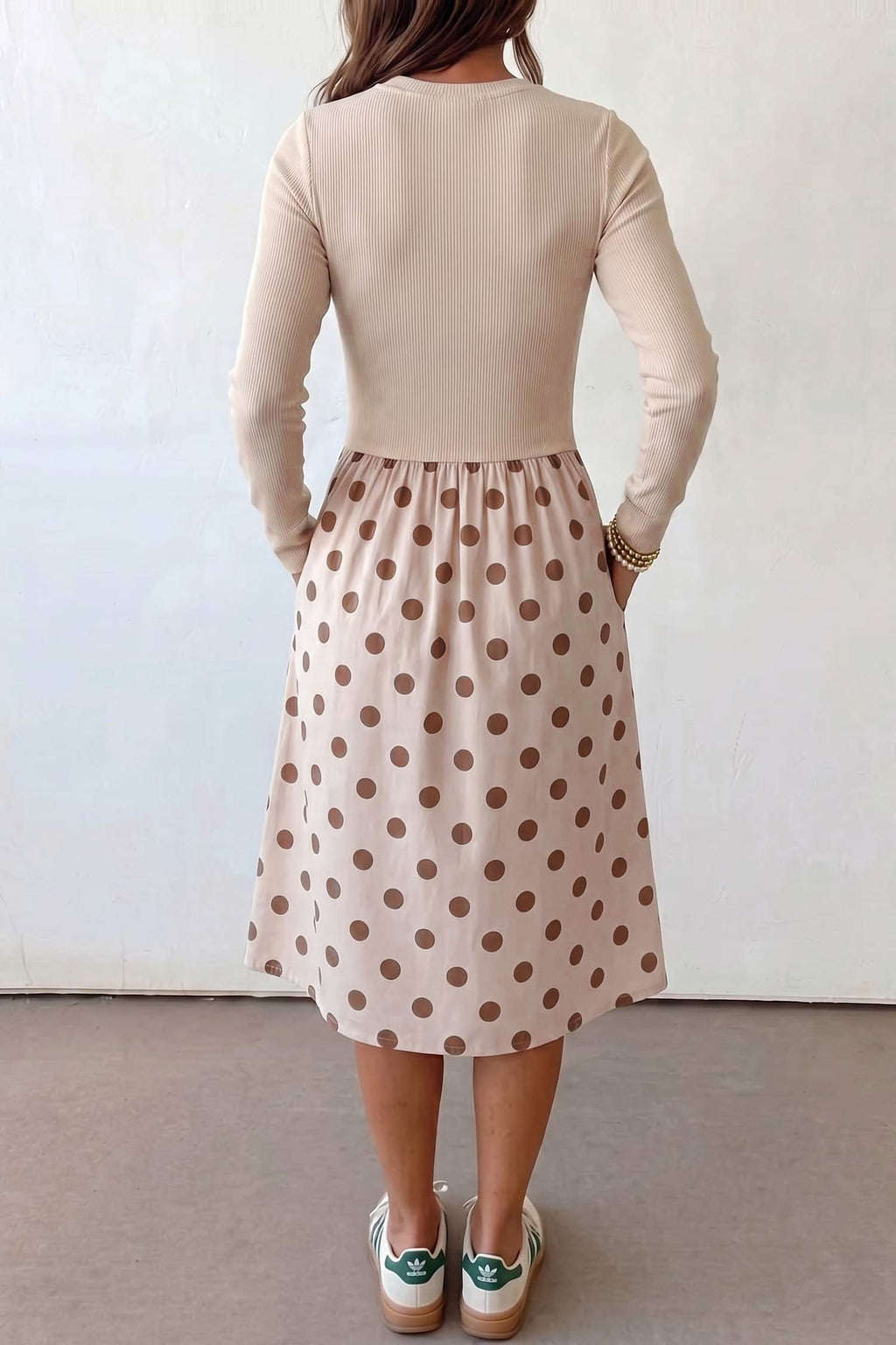 Women's Beige Polka-Dot Ribbed Midi Dress
