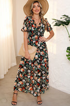 Black Fiery Floral V-Neck Maxi Dress