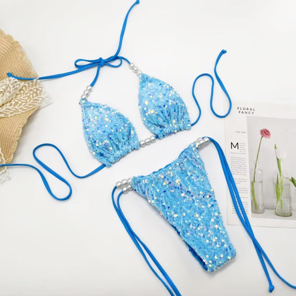 Women's Blue Sequin Triangle Bikini Set
