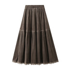 Lace-panel pleated A-line skirt