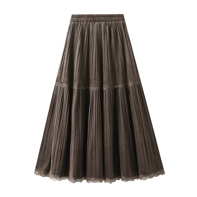 Lace-panel pleated A-line skirt