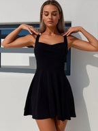 Black A-line sleeveless dress, square neckline, flared skirt