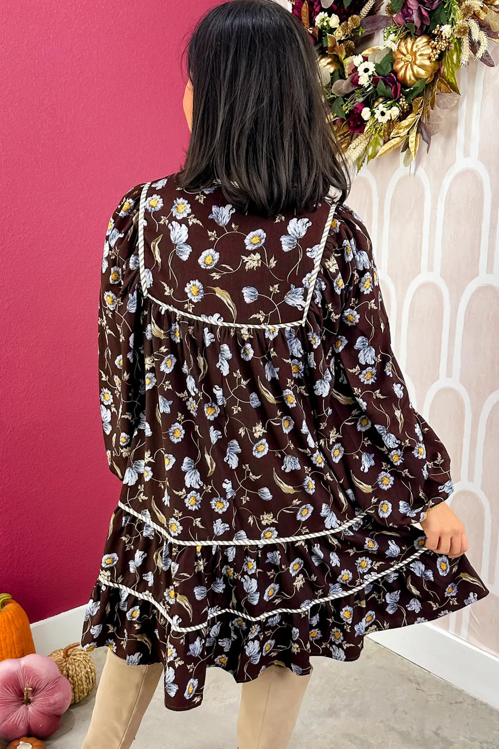 Brown Floral Shirred V-Neck Dress
