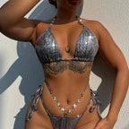 Women's silver metallic bikini set with body chain