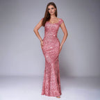Lotus pink sequin sling dress with sweetheart neckline and fitted mermaid silhouette
